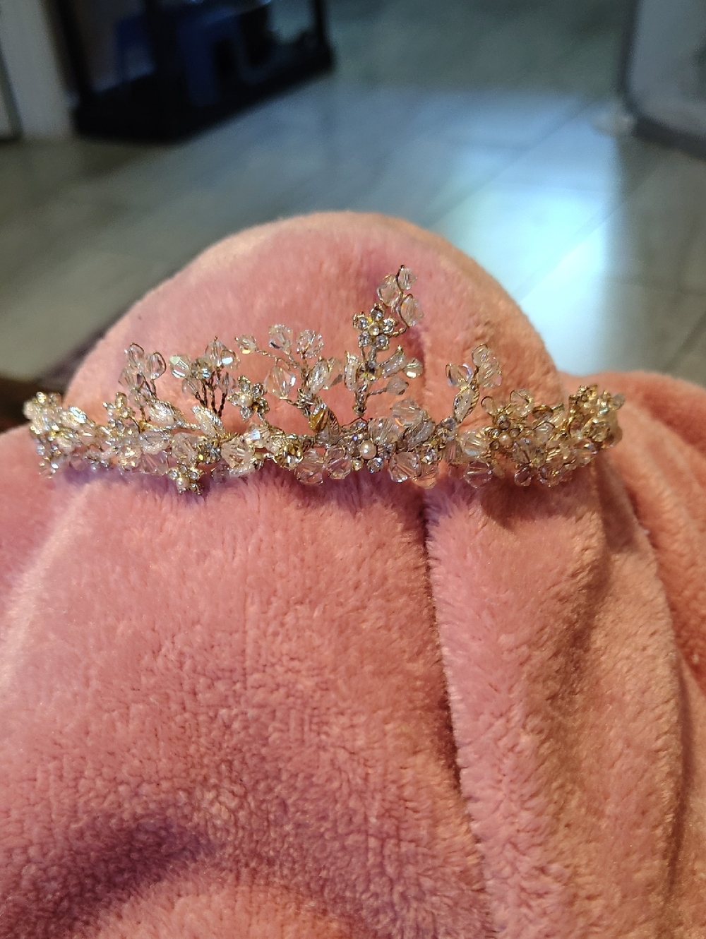 Delicate Gold Crystal Floral Tiara - Pink